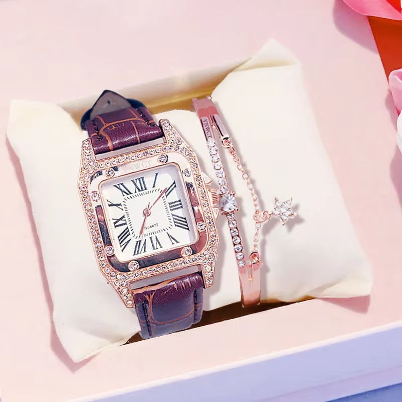 Women Diamond Watch Starry Luxury Bracelet Set Watches Ladies Casual Leather Band Quartz Wristwatch Female Clock Zegarek Damski