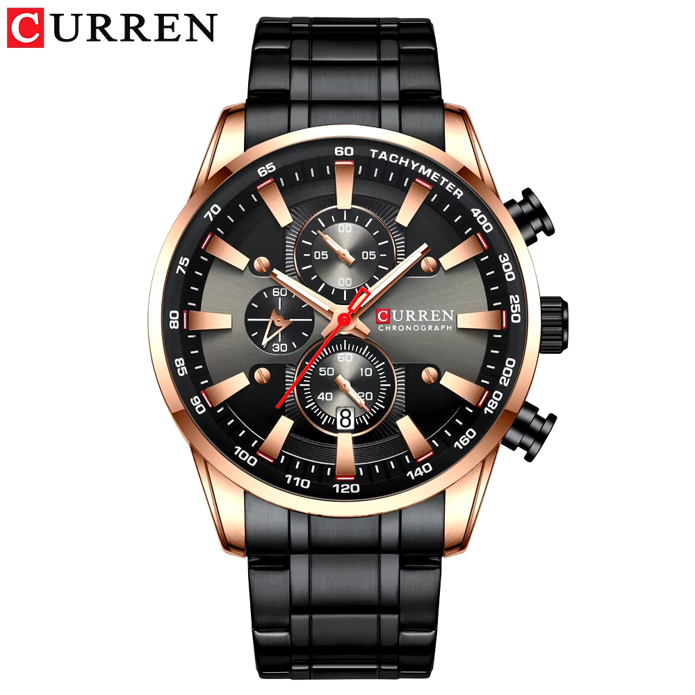 Man Watches Luxury Sporty Chronograph Wristwatches for Men Quartz Stainless Steel Band Clock Luminous Hands