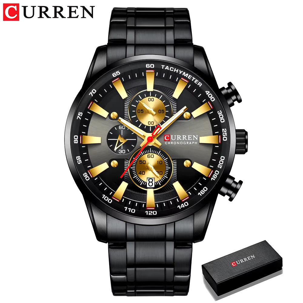 Man Watches Luxury Sporty Chronograph Wristwatches for Men Quartz Stainless Steel Band Clock Luminous Hands