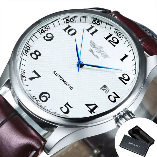 Winner Classic Business Watch for Men Retro Calendar Blue Hands Automatic Mechanical Watches Top Brand Luxury Steel Leather Belt