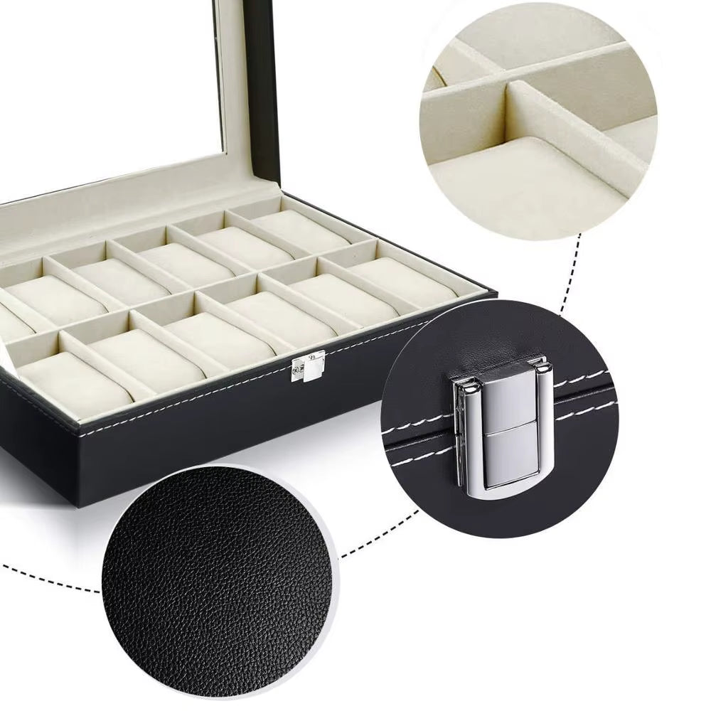 Large 6/10/12 Grids PU Leather Watch Box Storage Professional Holder Organizer for Watches Jewelry Boxes Case Display Black