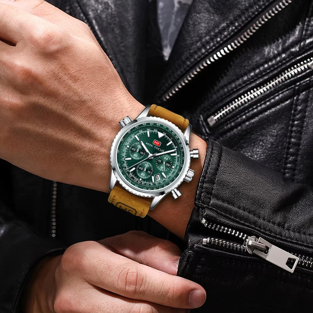 MINI FOCUS Fashion Sports Watch for Men Luxury Brand Multifunction Quartz Waterproof Watches Genuine Leather Belt Luminous 0463