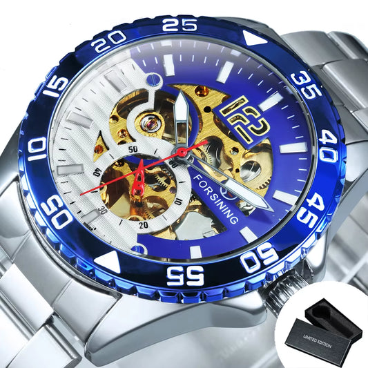 Steampunk Skeleton Mens Watch Blue Rotatable Bezel Luxury Automatic Mechanical Watches Stainless Steel Band Wristwatch