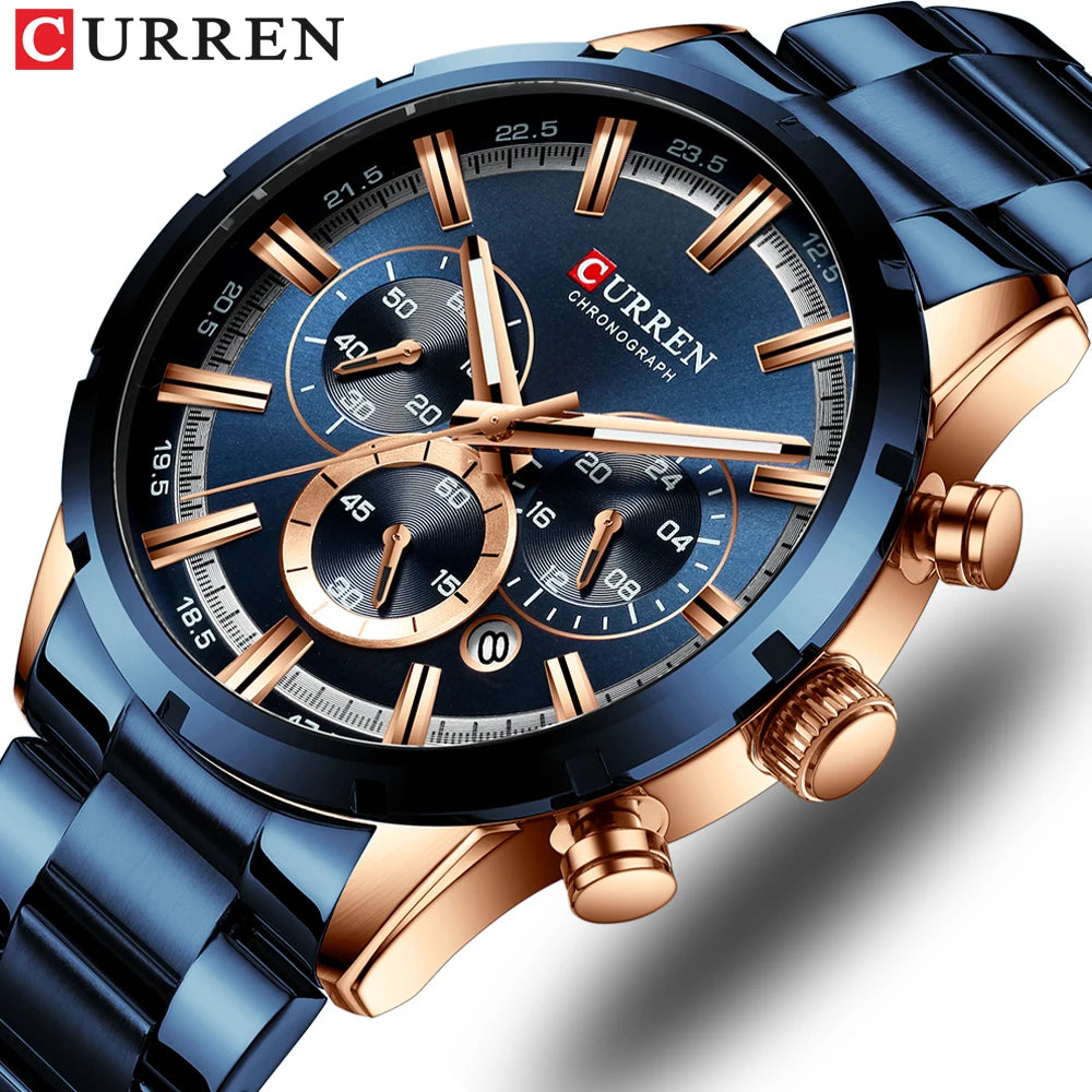 Men'S Watch Blue Dial Stainless Steel Band Date Mens Business Male Watches Waterproof Luxuries Men Wrist Watches for Men