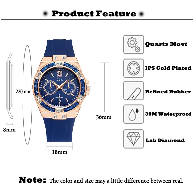 Women'S Watches Chronograph Rose Gold Sport Watch Ladies Diamond Blue Rubber Band Xfcs Analog Female Quartz Wristwatch