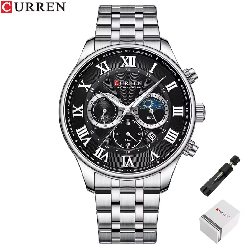 8427 Men'S Quartz Watch Chronograph Calendar Stainless Steel Luminous Business Watches Male Часы Мужские Наручные
