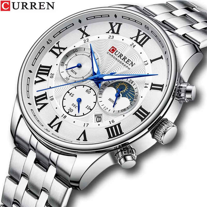 8427 Men'S Quartz Watch Chronograph Calendar Stainless Steel Luminous Business Watches Male Часы Мужские Наручные