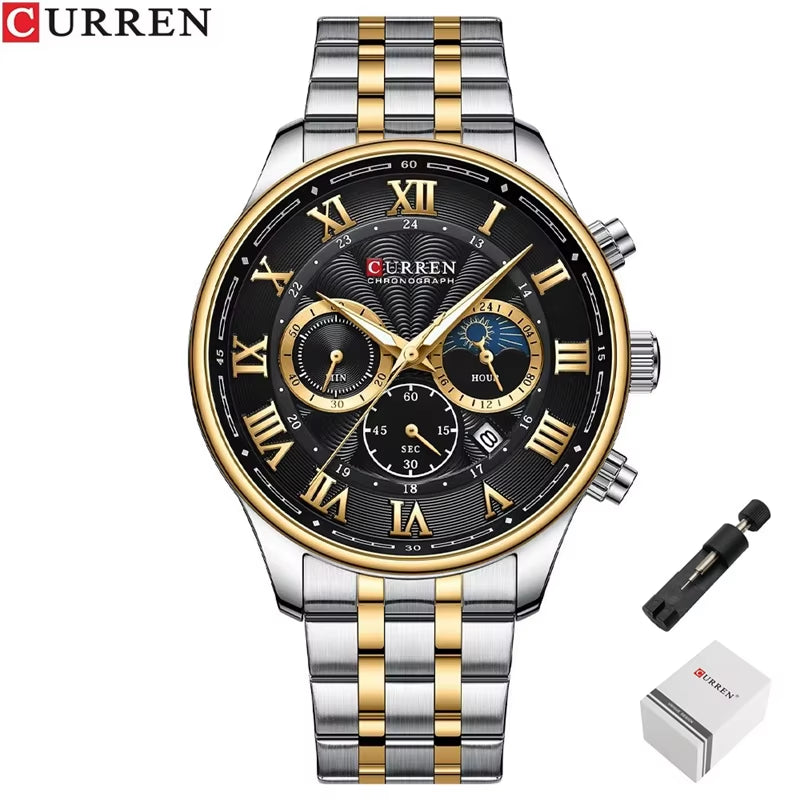 8427 Men'S Quartz Watch Chronograph Calendar Stainless Steel Luminous Business Watches Male Часы Мужские Наручные