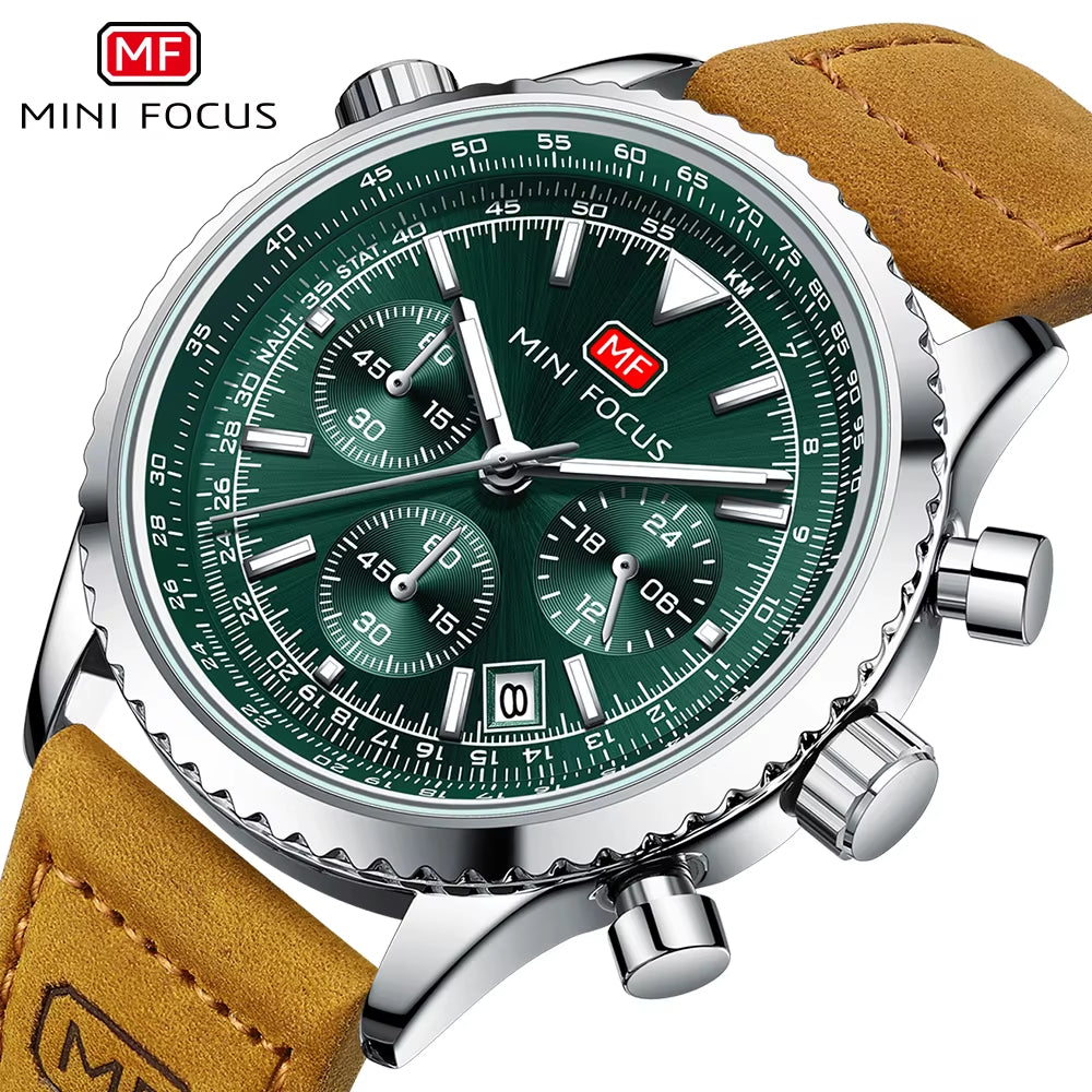 MINI FOCUS Fashion Sports Watch for Men Luxury Brand Multifunction Quartz Waterproof Watches Genuine Leather Belt Luminous 0463