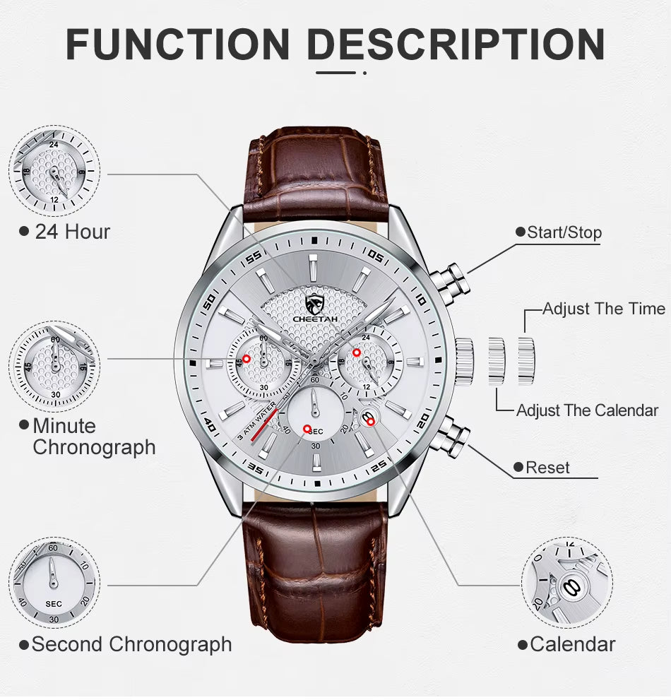 New  Mens Watches Top Luxury Brand Casual Quartz Watch Men Chronograph Waterproof Wristwatch Leather Date Sport Clock