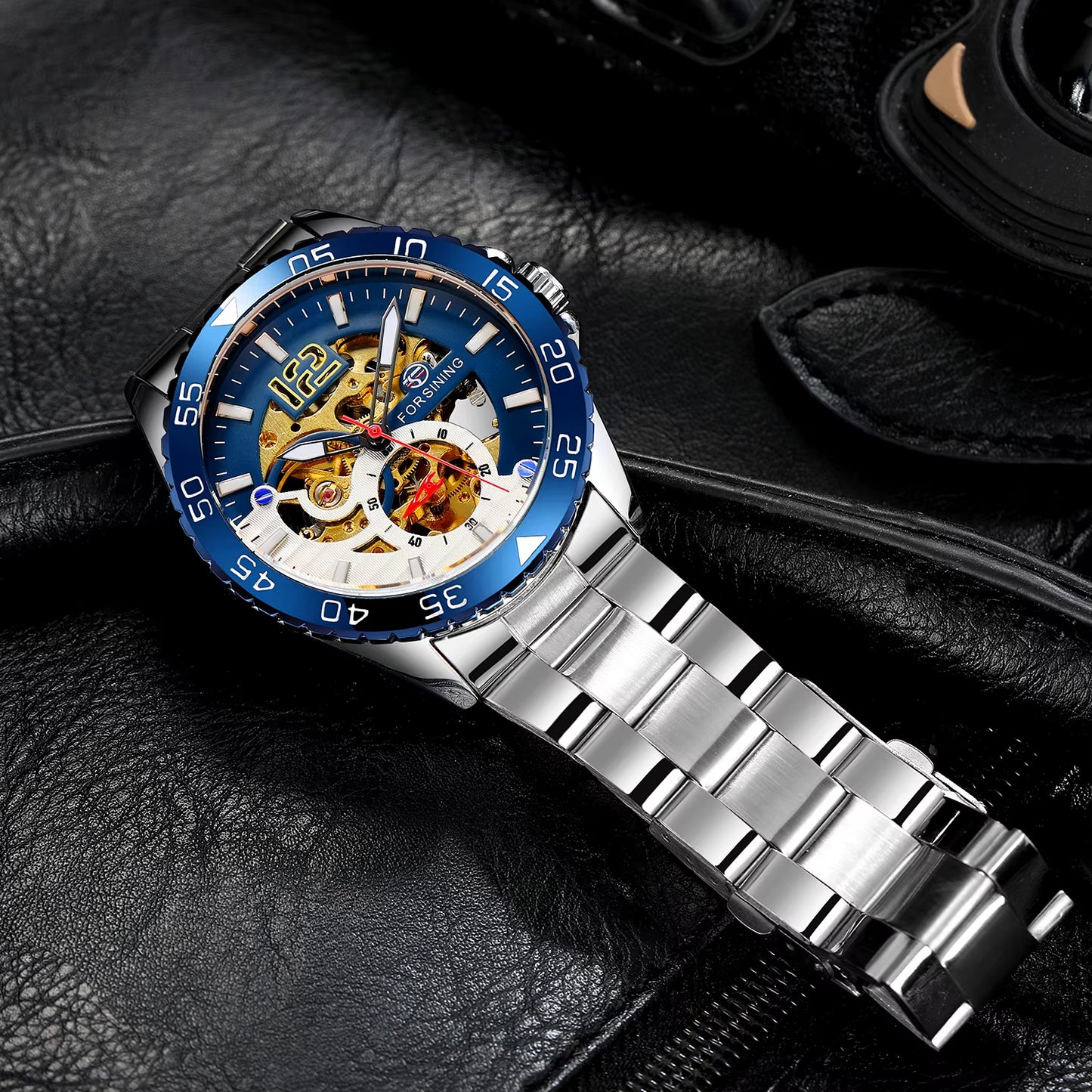 Steampunk Skeleton Mens Watch Blue Rotatable Bezel Luxury Automatic Mechanical Watches Stainless Steel Band Wristwatch