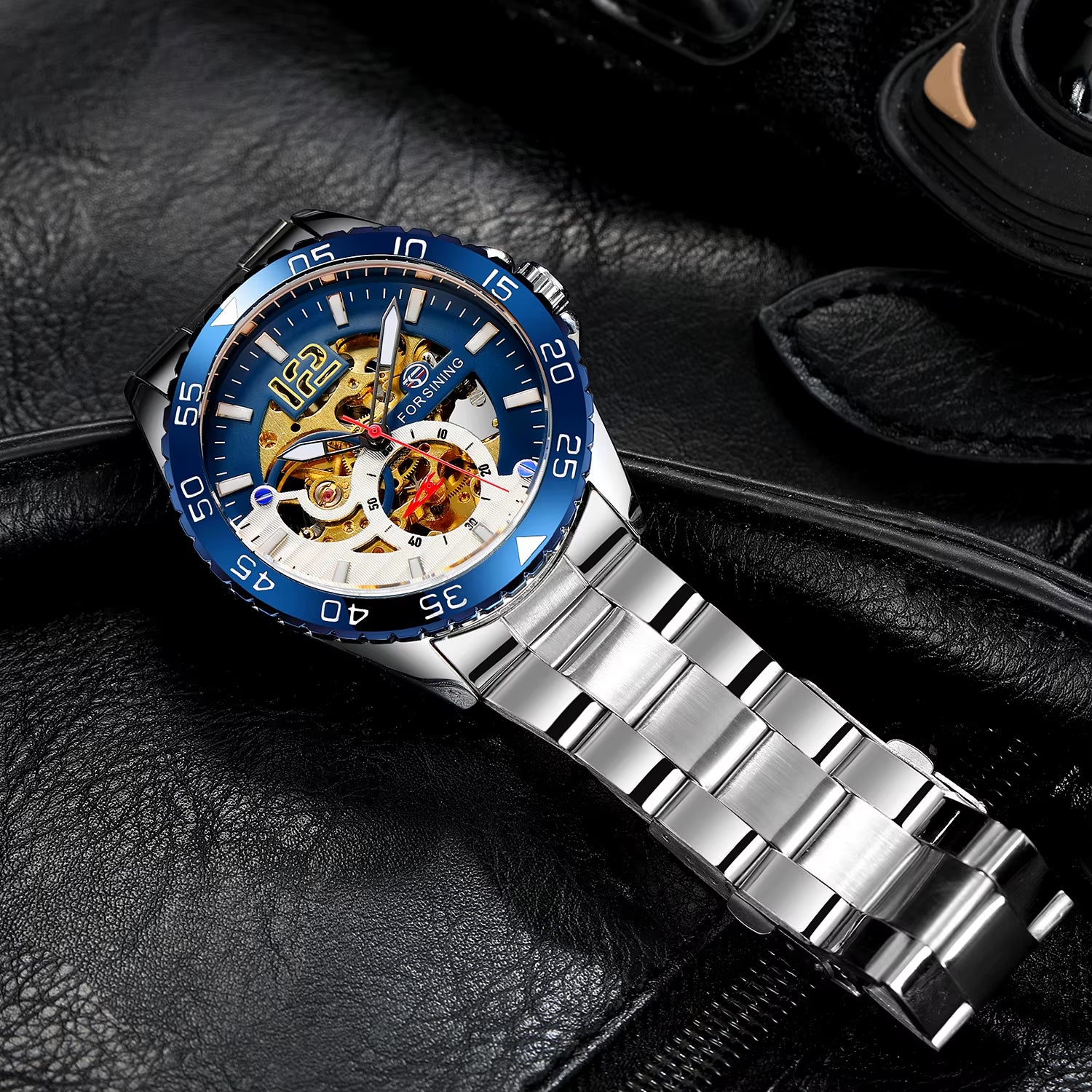 Steampunk Skeleton Mens Watch Blue Rotatable Bezel Luxury Automatic Mechanical Watches Stainless Steel Band Wristwatch
