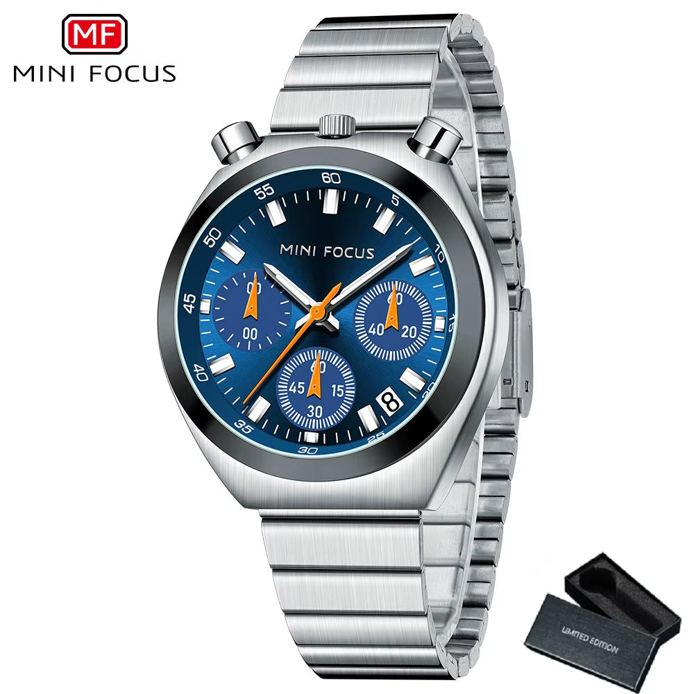 MINI FOCUS Elegant Multifunctional Watch for Women Fashion Waterproof Quartz Ladies Watches Steel Band Bull Head Wristwatch Gift