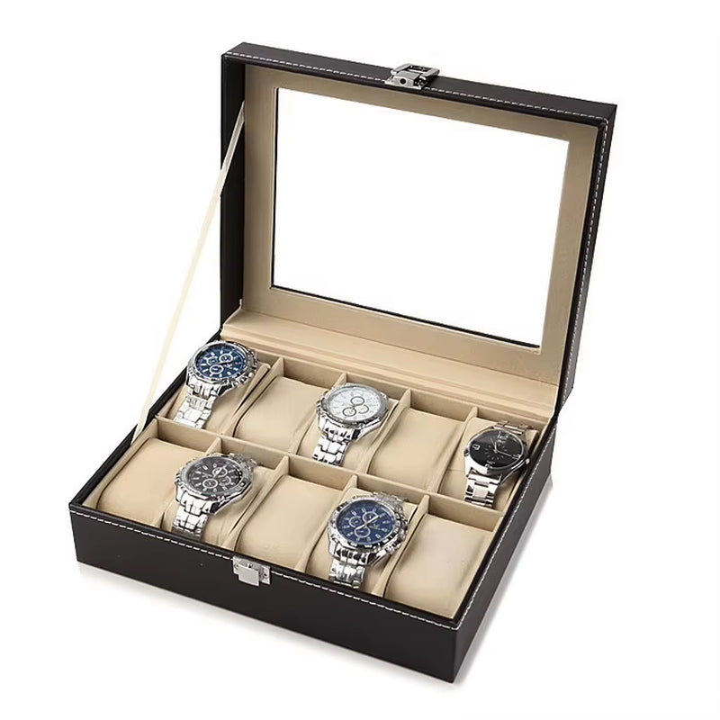 Large 6/10/12 Grids PU Leather Watch Box Storage Professional Holder Organizer for Watches Jewelry Boxes Case Display Black