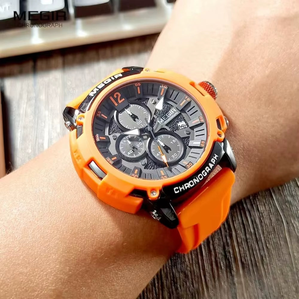 Orange Sport Watches for Men Fashion Waterproof Luminous Chronograph Quartz Wristwatch Auto Date Silicone Strap 2208 Reloj