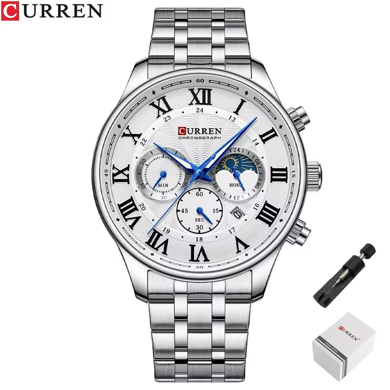 8427 Men'S Quartz Watch Chronograph Calendar Stainless Steel Luminous Business Watches Male Часы Мужские Наручные