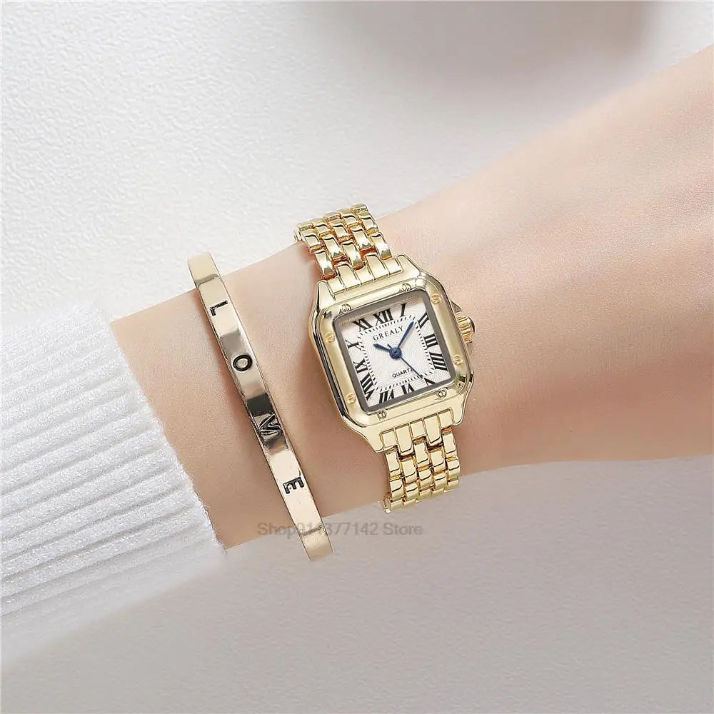 2024 Luxury Women'S Fashion Square Watches Gold Alloy Strap Ladies Quartz Wristwatches Qualities Female Roman Scale Clock