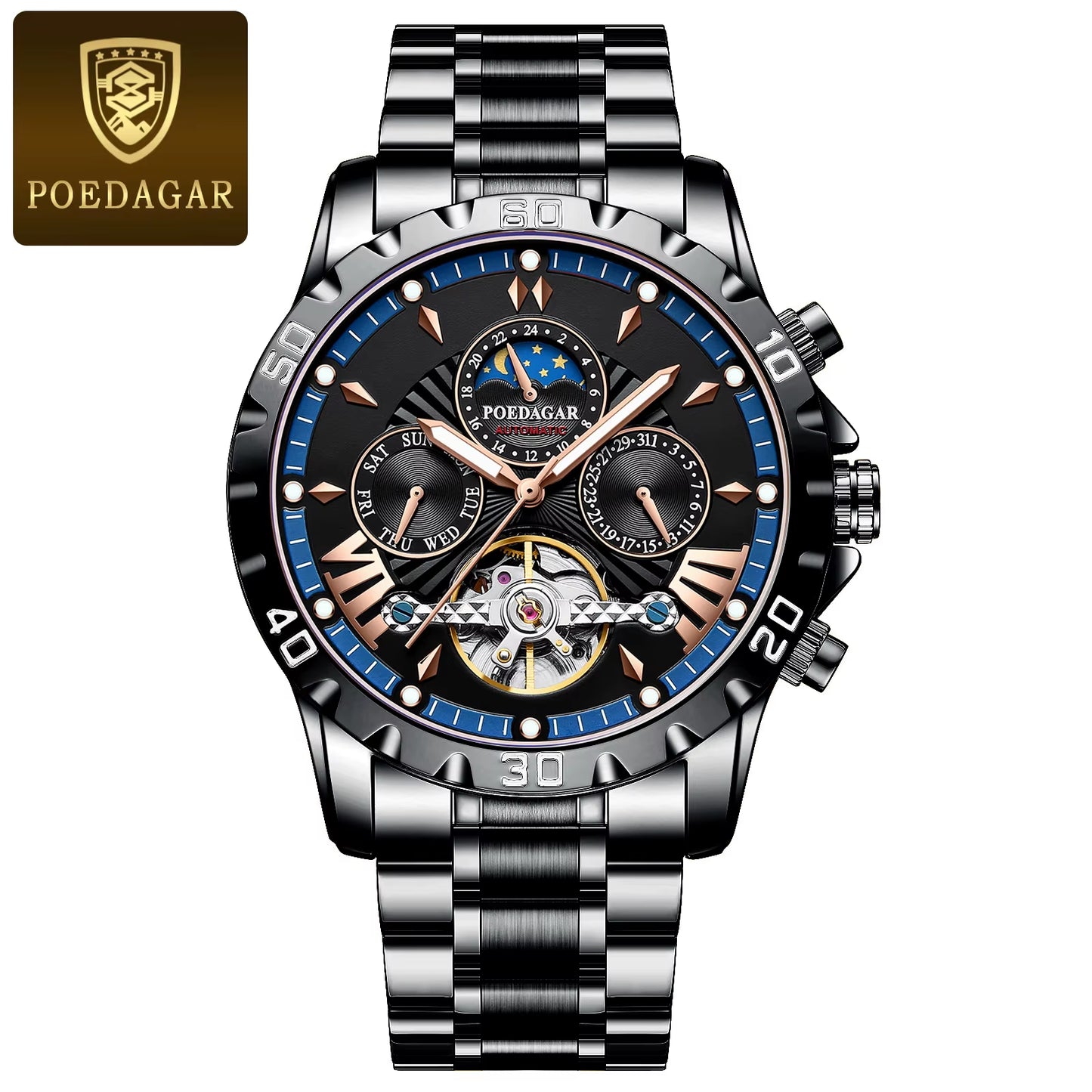 Luxury Automatic Mechanical Watch Tourbillon Waterproof Luminous Date Week Men Wristwatch Stainless Steel Men'S Watches