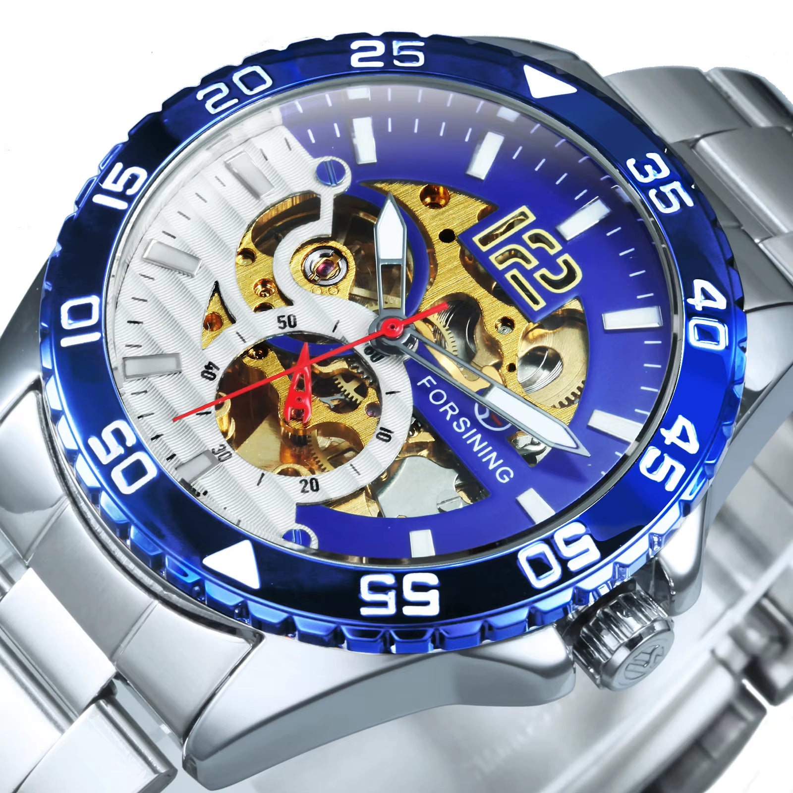 Steampunk Skeleton Mens Watch Blue Rotatable Bezel Luxury Automatic Mechanical Watches Stainless Steel Band Wristwatch