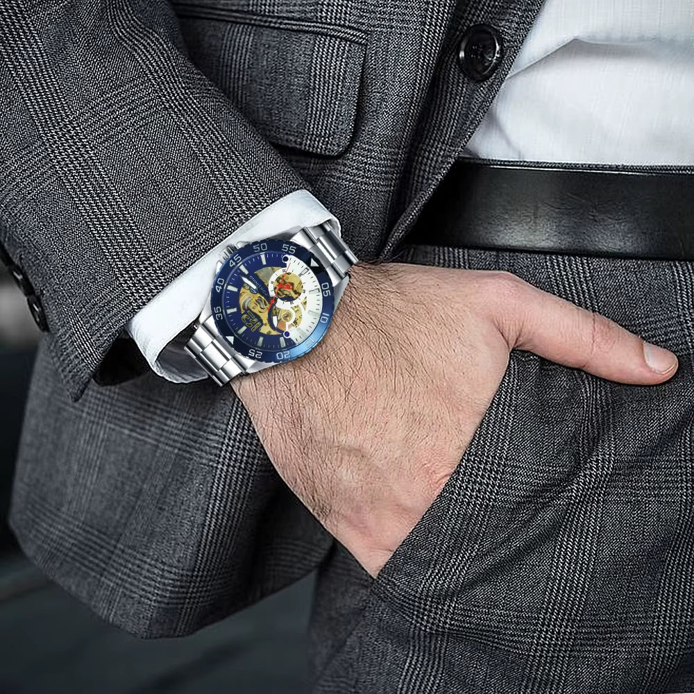 Steampunk Skeleton Mens Watch Blue Rotatable Bezel Luxury Automatic Mechanical Watches Stainless Steel Band Wristwatch