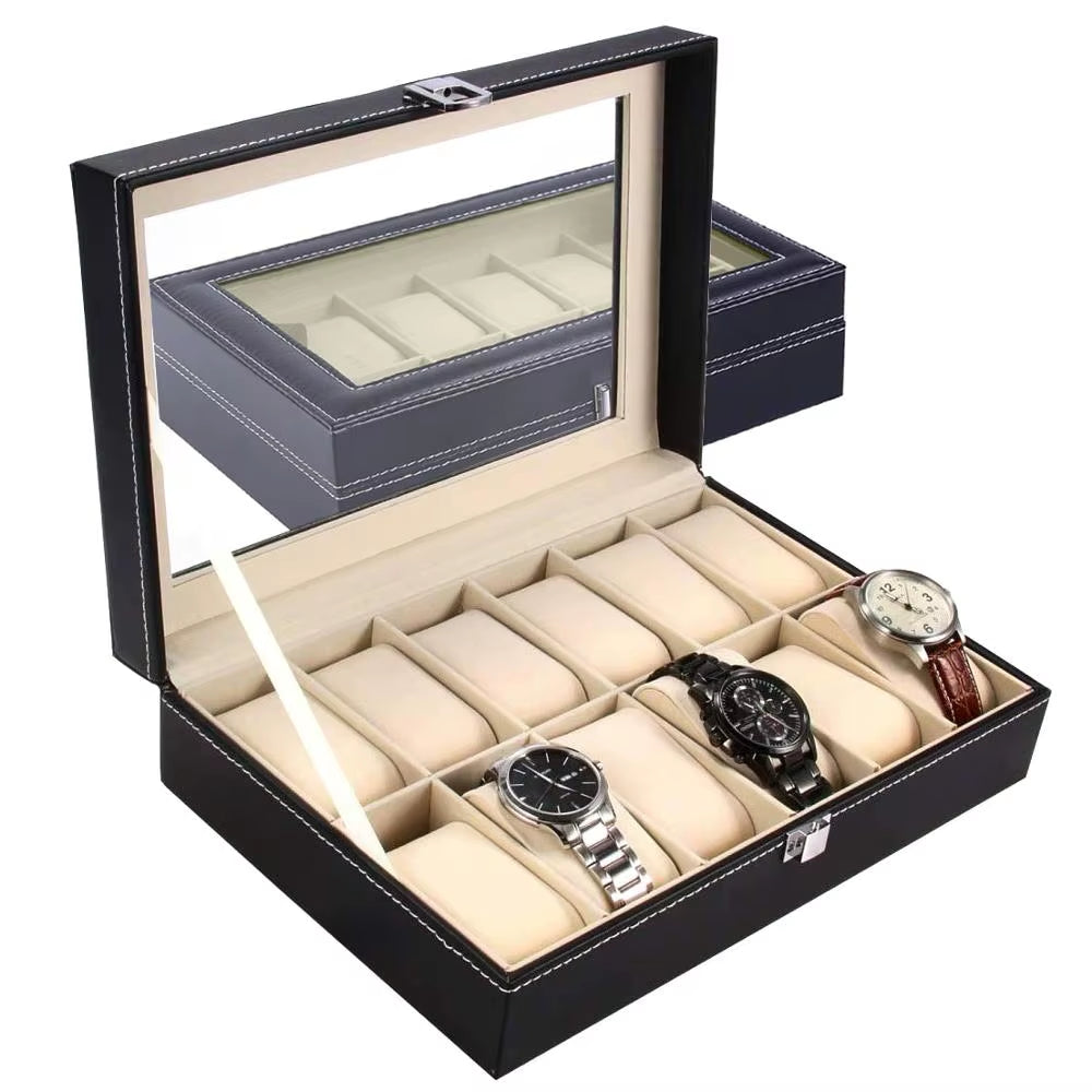 Large 6/10/12 Grids PU Leather Watch Box Storage Professional Holder Organizer for Watches Jewelry Boxes Case Display Black