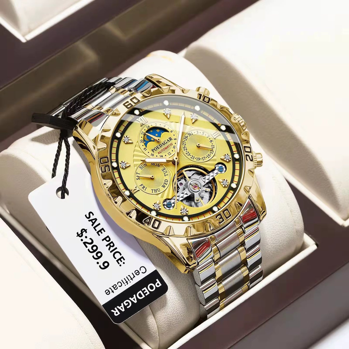 Luxury Automatic Mechanical Watch Tourbillon Waterproof Luminous Date Week Men Wristwatch Stainless Steel Men'S Watches