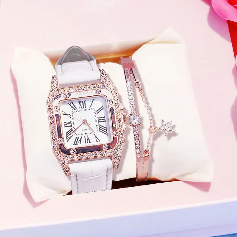 Women Diamond Watch Starry Luxury Bracelet Set Watches Ladies Casual Leather Band Quartz Wristwatch Female Clock Zegarek Damski