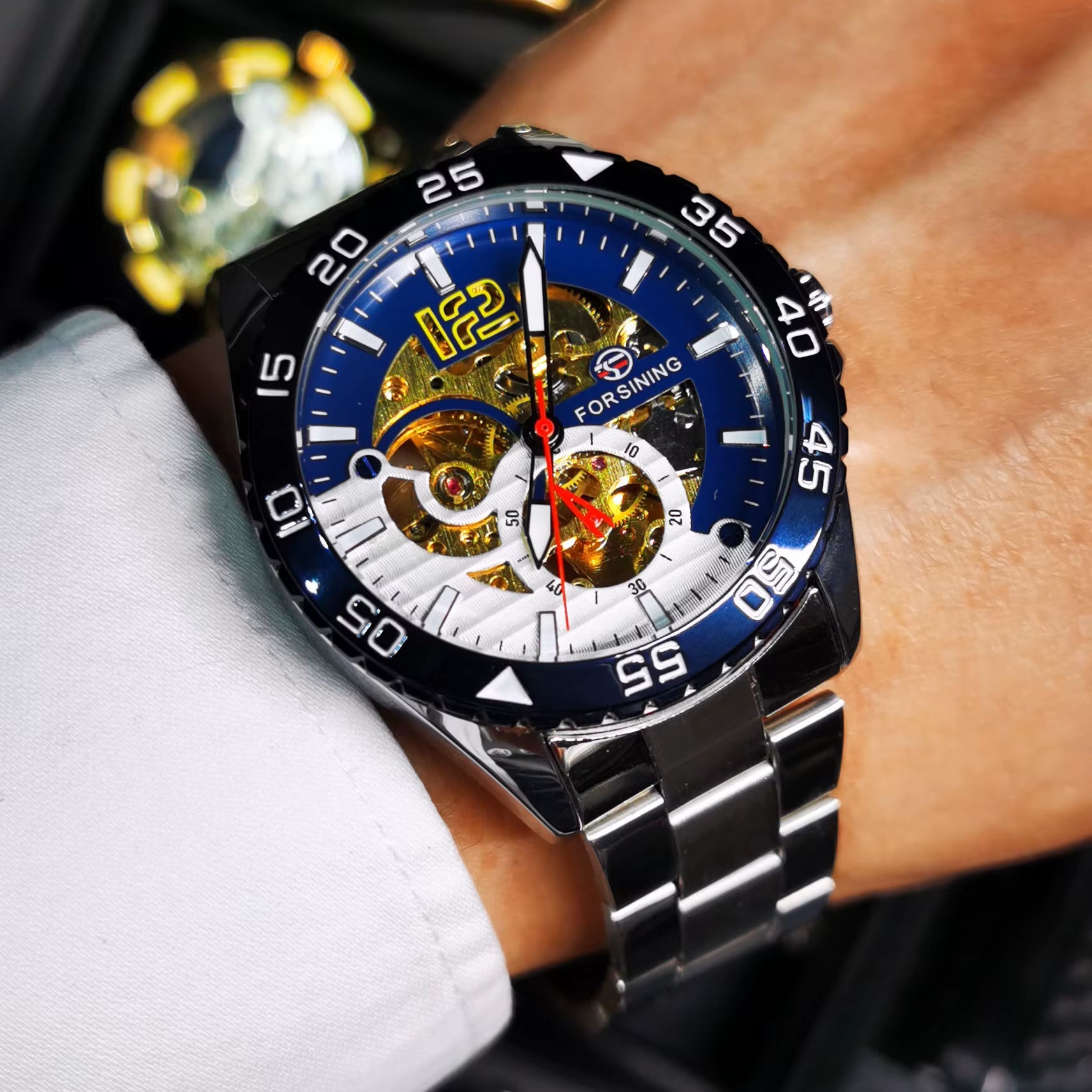 Steampunk Skeleton Mens Watch Blue Rotatable Bezel Luxury Automatic Mechanical Watches Stainless Steel Band Wristwatch