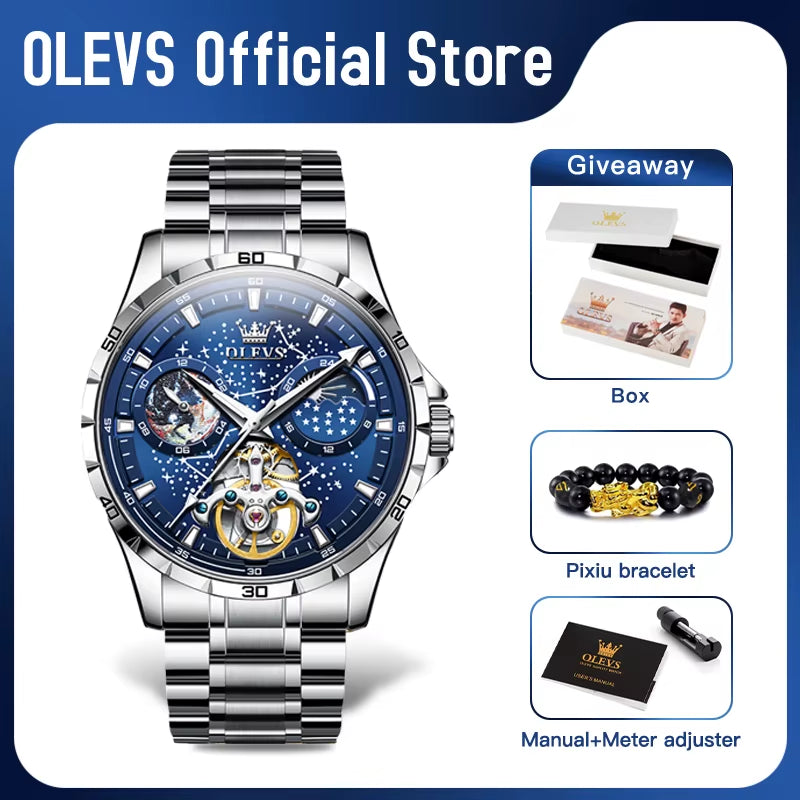 Original Brand Men'S Watches Waterproof Multifunctional Luminous Fully Automatic Mechanical Watch Moon Phase Starry Disk