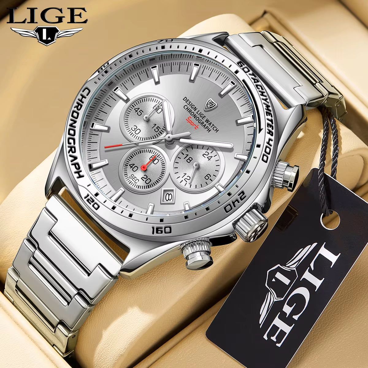 Fashion Luxury Quartz Men'S Watches Big Dial Design Waterproof Lumoinous Watch Auto Calendar Stainless Band Sport Clock+Box