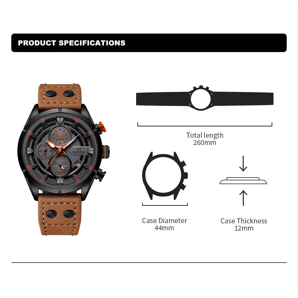 NAVIFORCE Watches for Men with Box Fashion Waterproof Chronograph Quartz Watches Leather Strap Mens Watch Relogios Masculino