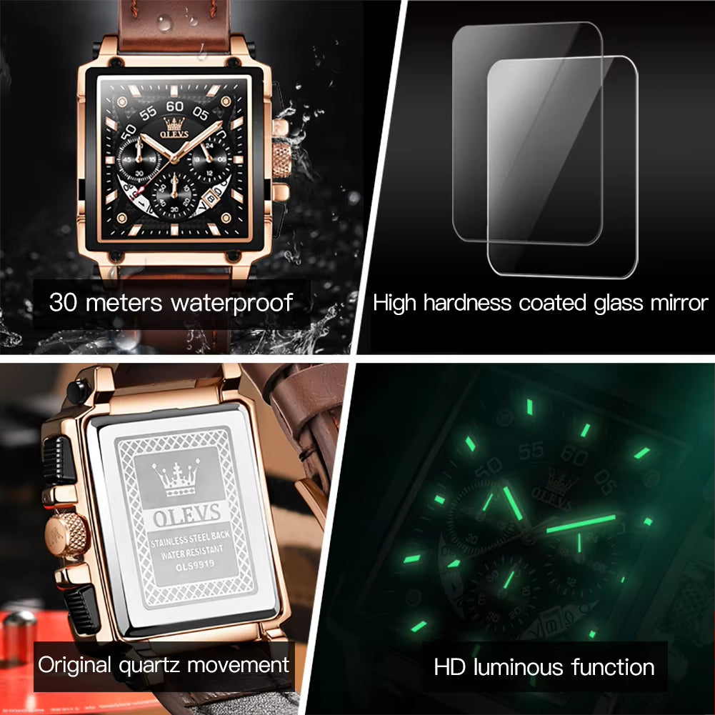 Original Watch for Men Top Brand Luxury Hollow Square Sport Watches Fashion Leather Strap Waterproof Quartz Wristwatch