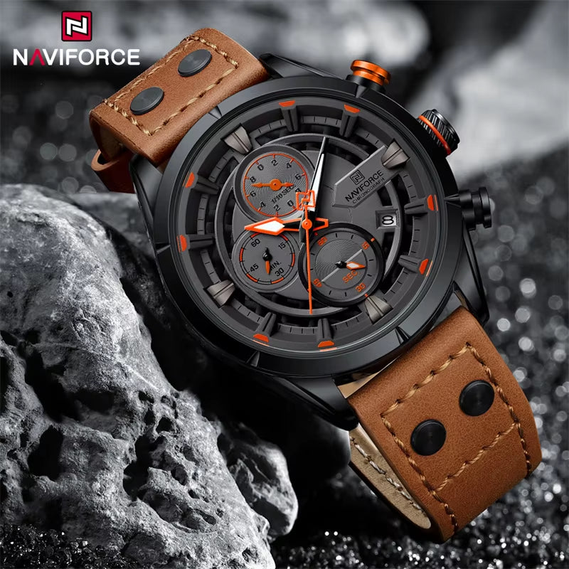 NAVIFORCE Watches for Men with Box Fashion Waterproof Chronograph Quartz Watches Leather Strap Mens Watch Relogios Masculino