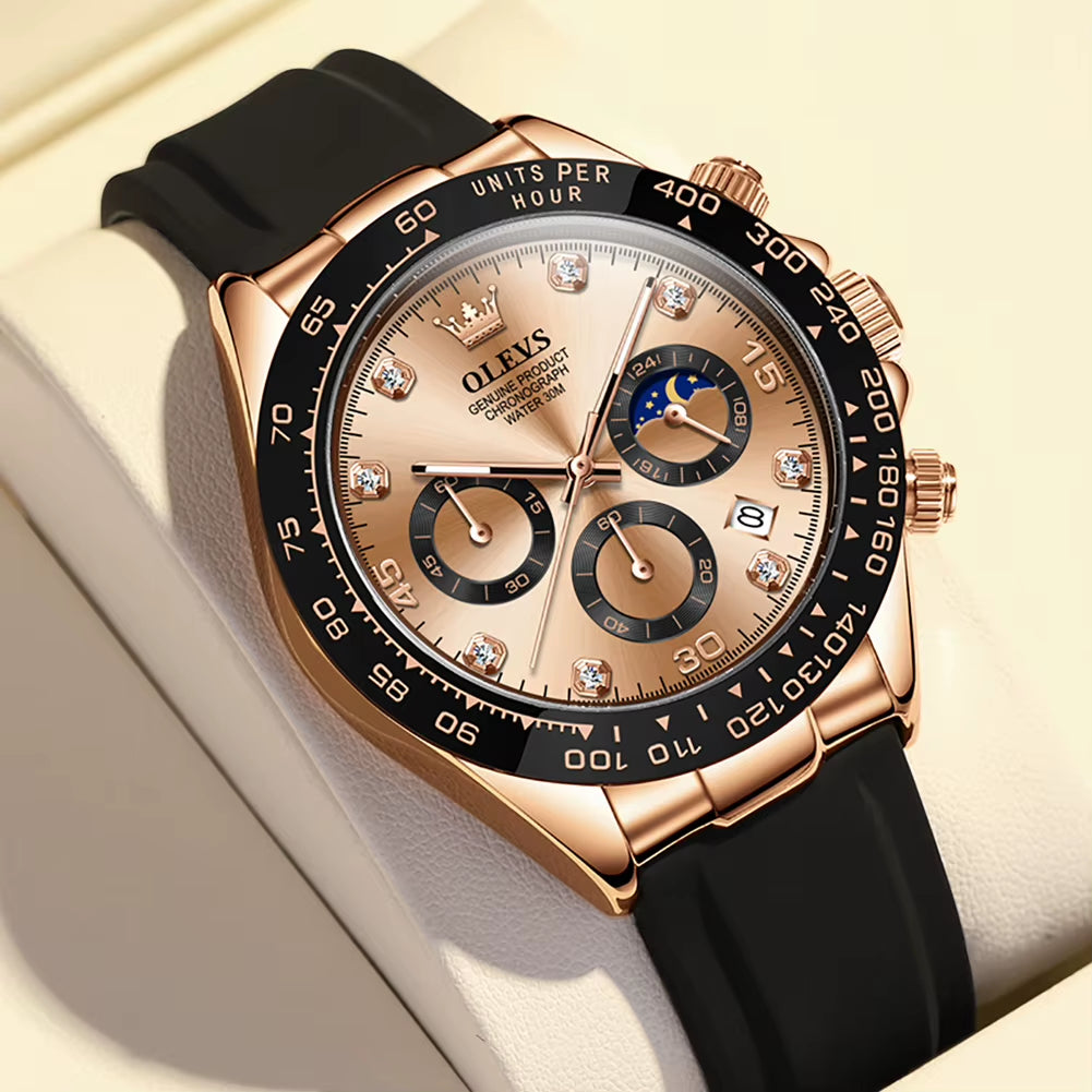 Top Brand Men'S Watches Classic Retro Wristwatch for Man Waterproof Silicone Strap Luminous Moon Phase Chronograph Fashion