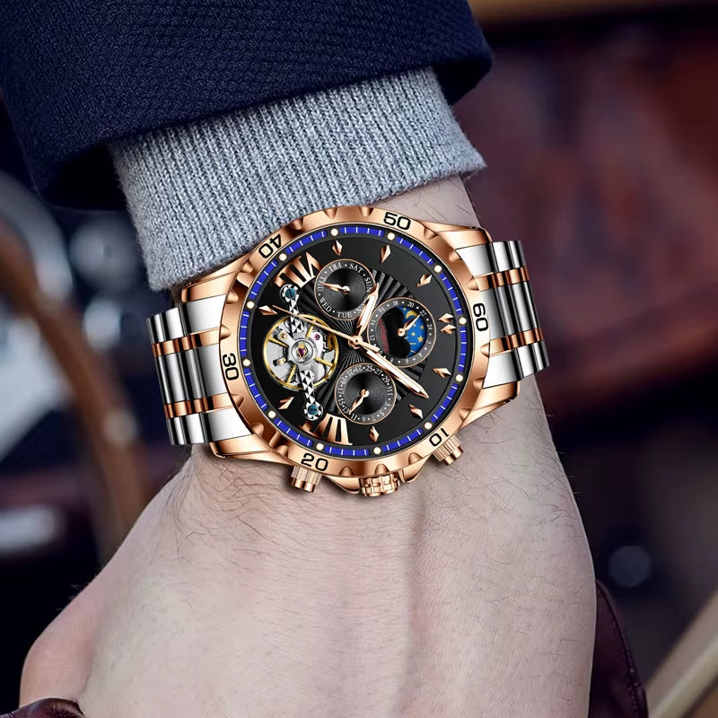High Quality Mens Business Watch Gentleman Style Stainless Steel Leisure Mechanical Watch Clock Luminous Black Watches