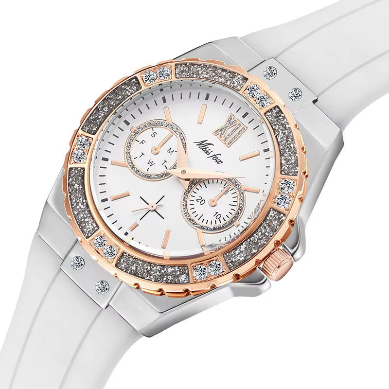 Women'S Watches Chronograph Rose Gold Sport Watch Ladies Diamond Blue Rubber Band Xfcs Analog Female Quartz Wristwatch