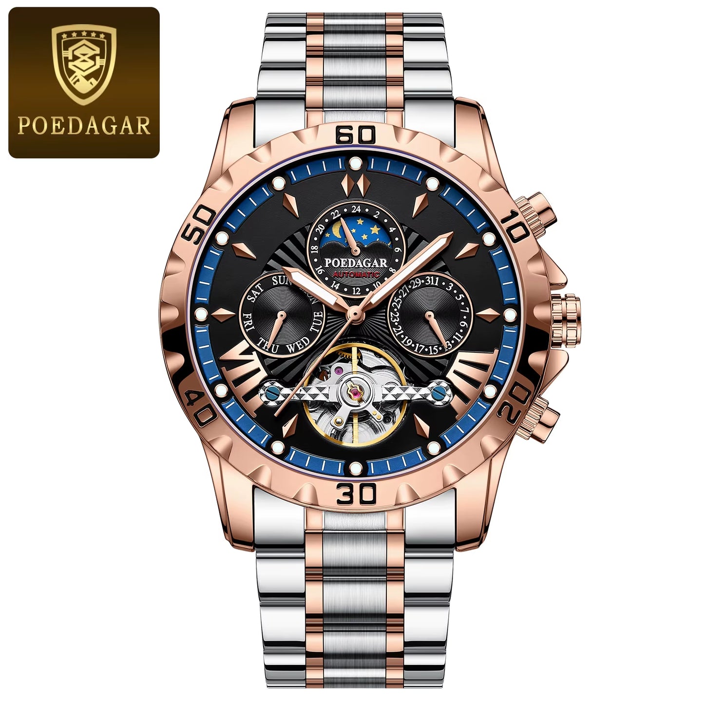Luxury Automatic Mechanical Watch Tourbillon Waterproof Luminous Date Week Men Wristwatch Stainless Steel Men'S Watches