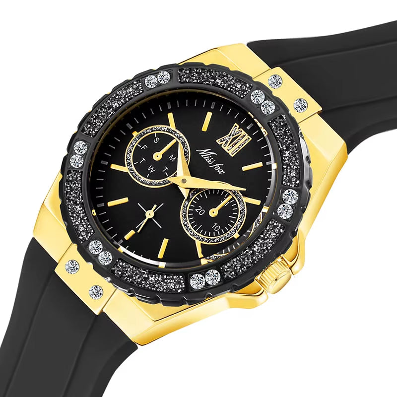 Women'S Watches Chronograph Rose Gold Sport Watch Ladies Diamond Blue Rubber Band Xfcs Analog Female Quartz Wristwatch
