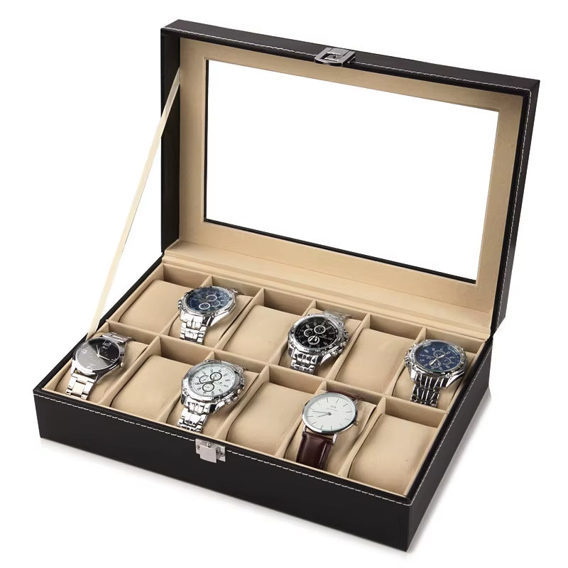 Large 6/10/12 Grids PU Leather Watch Box Storage Professional Holder Organizer for Watches Jewelry Boxes Case Display Black