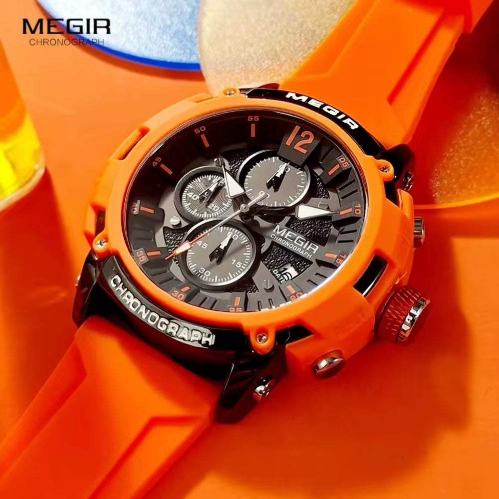 Orange Sport Watches for Men Fashion Waterproof Luminous Chronograph Quartz Wristwatch Auto Date Silicone Strap 2208 Reloj
