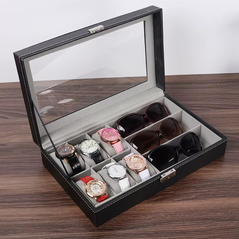 Large 6/10/12 Grids PU Leather Watch Box Storage Professional Holder Organizer for Watches Jewelry Boxes Case Display Black