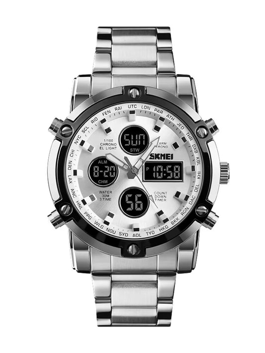 3 Time Back Light Display Digital Watches Mens Full Steel Strap Quartz Wristwatch Countdown Clock Relogio Masculino