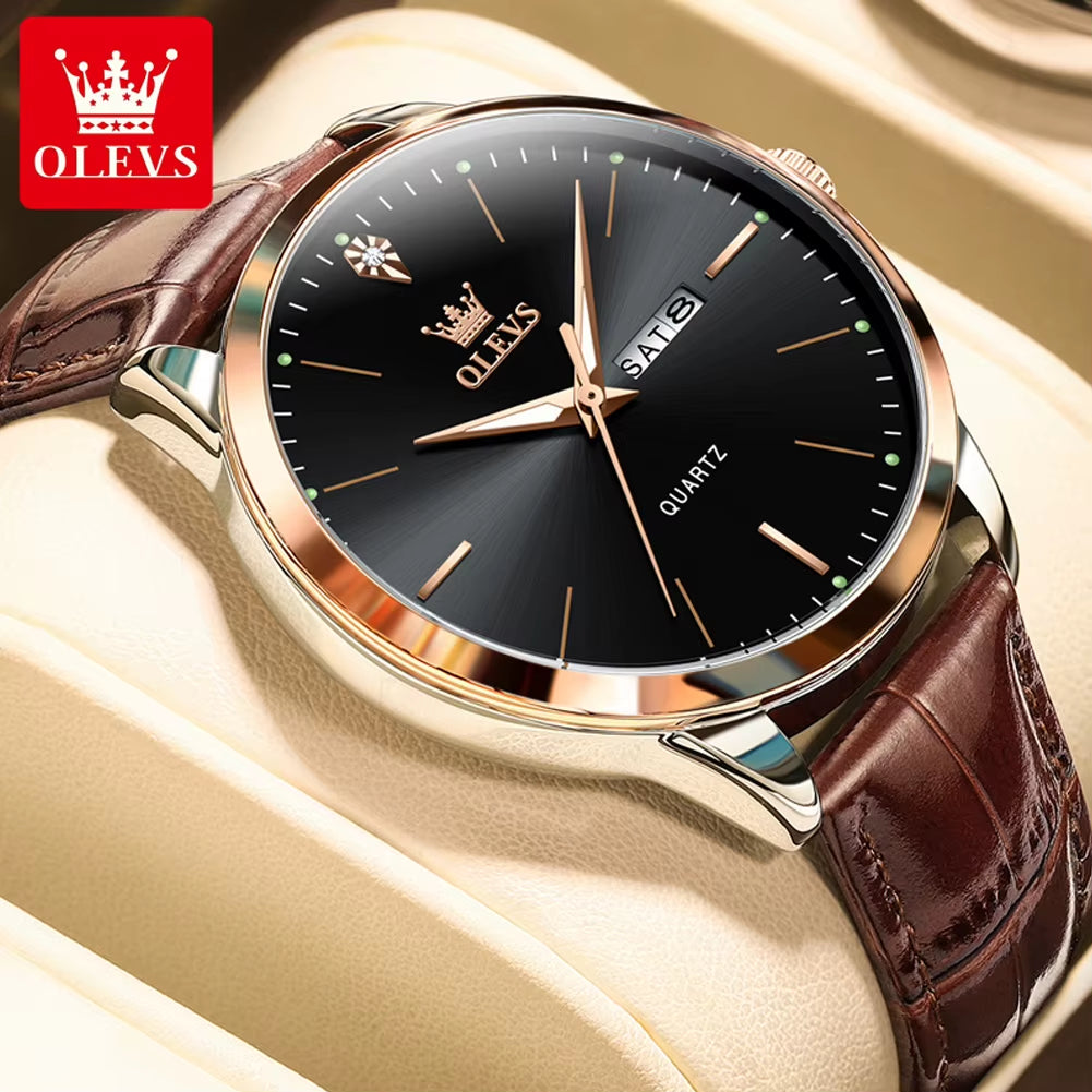 Fashion Business Brand Original Men Watches Leather Strap Trend Week Calendar Quartz Watch Luminous Waterproof 43Mm Dial