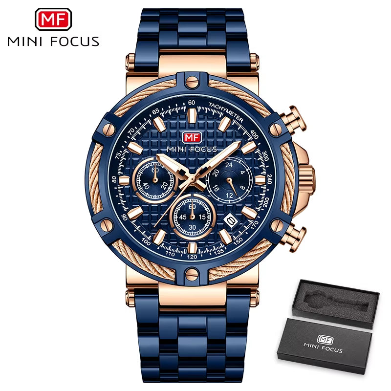 MINI FOCUS Sports Quartz Watch for Men Fashion Multifunction Sub-Dials Calendar Stainless Steel Strap Luxury Mens Watches 0470G