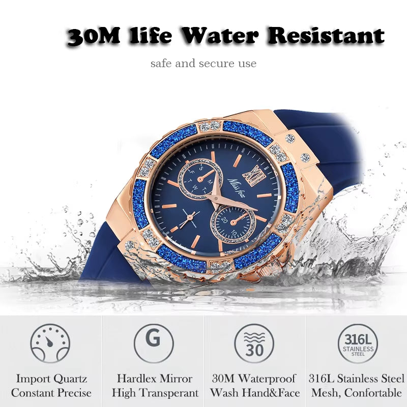 Women'S Watches Chronograph Rose Gold Sport Watch Ladies Diamond Blue Rubber Band Xfcs Analog Female Quartz Wristwatch