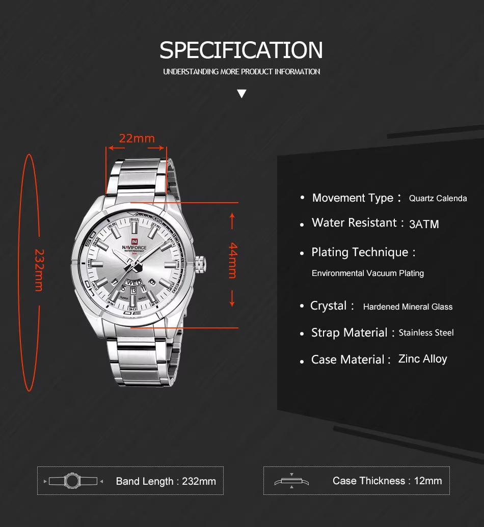Classic Casual Watch for Men Stainless Teel Sport Waterproof Male Watches Quartz Date Display Clock Relogio Masculino