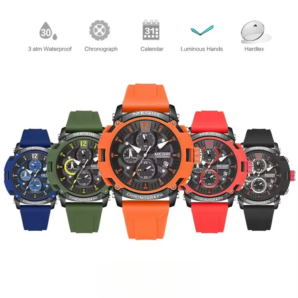Orange Sport Watches for Men Fashion Waterproof Luminous Chronograph Quartz Wristwatch Auto Date Silicone Strap 2208 Reloj