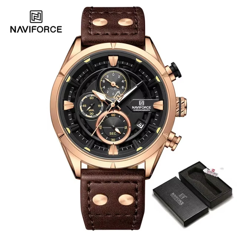 NAVIFORCE Watches for Men with Box Fashion Waterproof Chronograph Quartz Watches Leather Strap Mens Watch Relogios Masculino