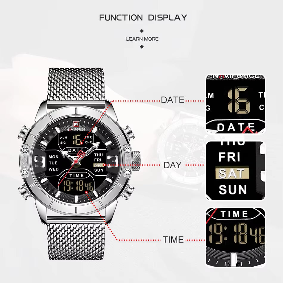 Luxury Brand NAVIFORCE Watches for Men Analog Digital Sports Waterproof Wristwatch Stainless Steel Siliver Original Watches 2022