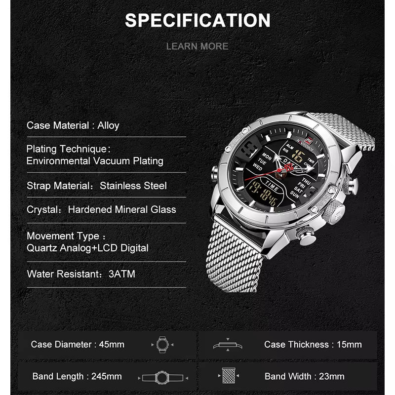 Luxury Brand NAVIFORCE Watches for Men Analog Digital Sports Waterproof Wristwatch Stainless Steel Siliver Original Watches 2022